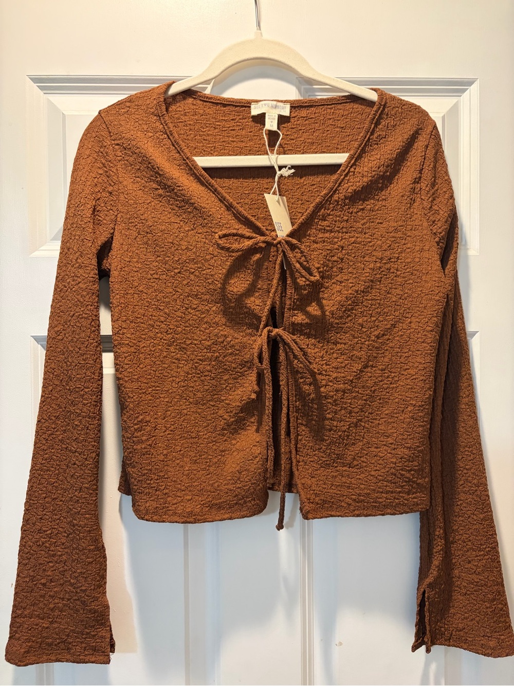 Textured Tie-Front Long Sleeve Top - Brown 
Size medium
